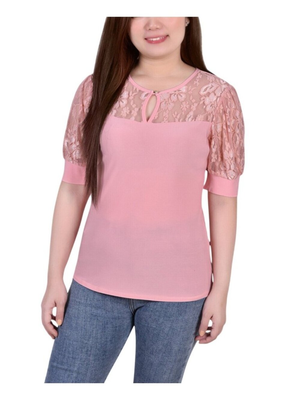 NWT Ny Collection Sleeve Keyhole Neckline Jersey Knit Blouse Mellow Rose Pink S